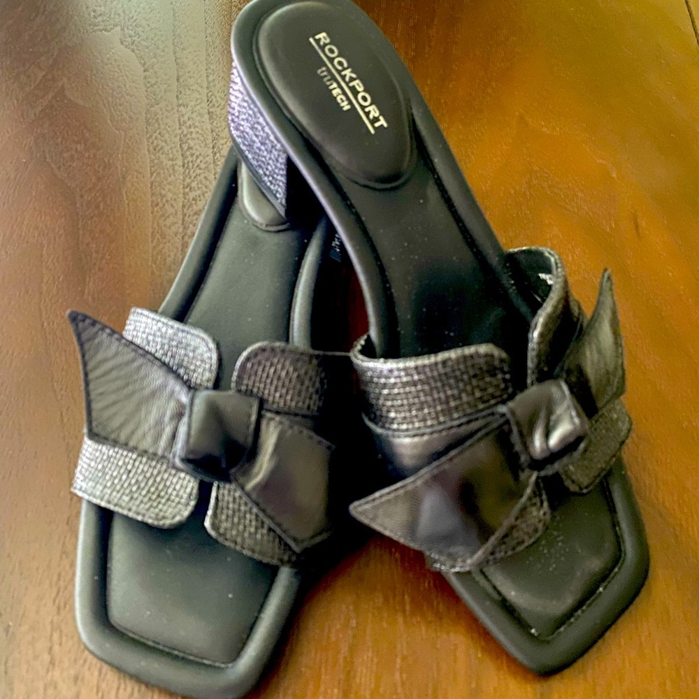 Rockport Black Sandals with Decorative Bows and Metallic Straps